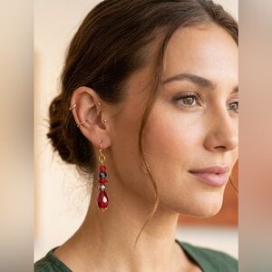 Artisan red & iridescent faceted crystal earrings with red rose bead spacers